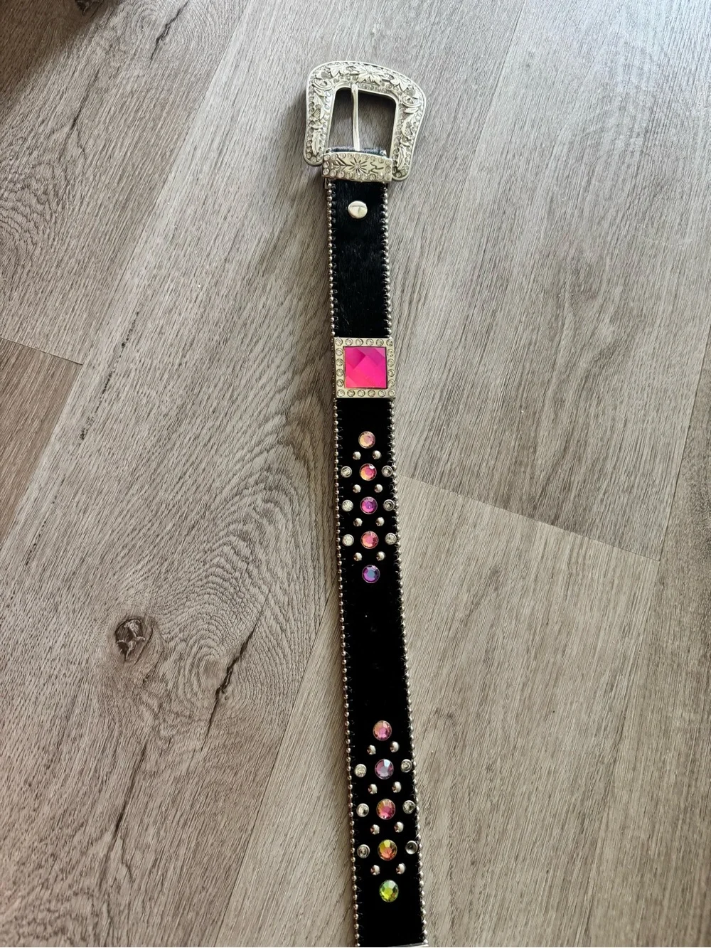 Studded Black Western-Style Women's Belt with Gem Accent